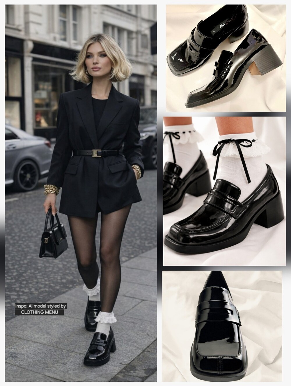 ZARA Black Patent Leather Loafers Block Chunky Heel NWOT | Women’s Size 40